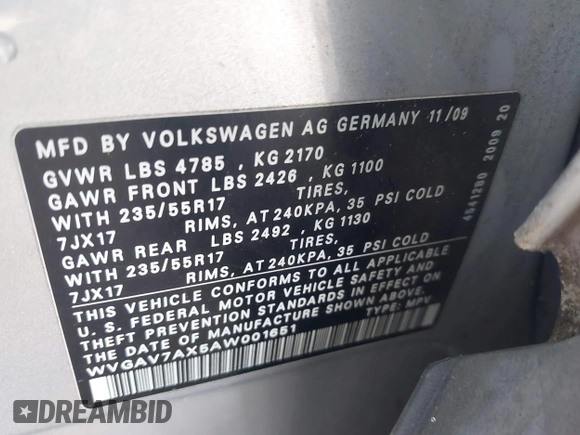2010 Volkswagen Tiguan S z VIN WVGAV7AX5AW001651, wystawiony jako IAAI lot #42665765 z przebiegiem Nie podano mil oraz . Historia ofert i sprzedaży dostępna na DreamBid. Obrazek 9.