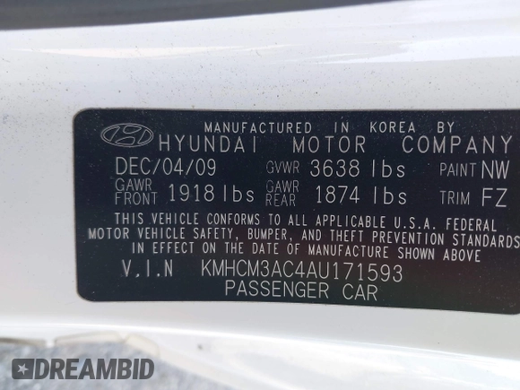 2010 Hyundai Accent GS with VIN KMHCM3AC4AU171593, listed as a IAAI auction lot 42373925 with 107,913 mi miles and . Bid and sale history available at DreamBid. Image 9.