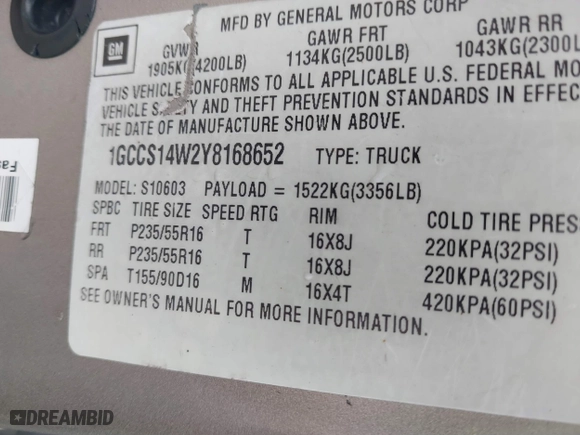 2000 Chevrolet S-10 LS with VIN 1GCCS14W2Y8168652, listed as a IAAI auction lot 41515733 with 263,672 mi miles. Bid and sale history available at carsss.com. Image 9.