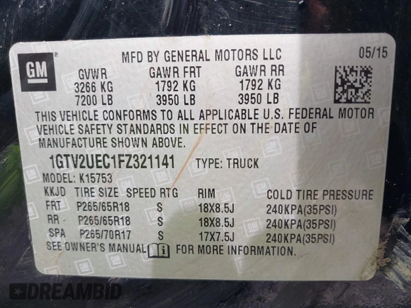 2015 GMC Sierra 1500 SLE z VIN 1GTV2UEC1FZ321141, wystawiony jako IAAI lot #41814049 z przebiegiem 91 173 mil mil oraz . Historia ofert i sprzedaży dostępna na DreamBid. Obrazek 9.