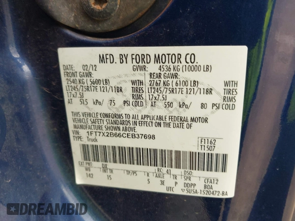 2012 Ford F-250 XL z VIN 1FT7X2B66CEB37698, wystawiony jako IAAI lot #42427035 z przebiegiem 269 696 mil mil oraz . Historia ofert i sprzedaży dostępna na DreamBid. Obrazek 9.
