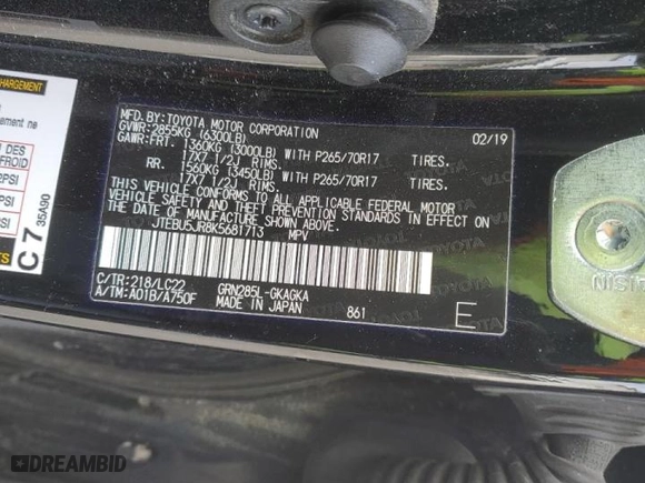 2019 Toyota 4Runner SR5 with VIN JTEBU5JR8K5681713, listed as a Copart auction lot 47647265 with 69,364 mi miles and Salvage Title. Bid and sale history available at carsss.com. Image 16.