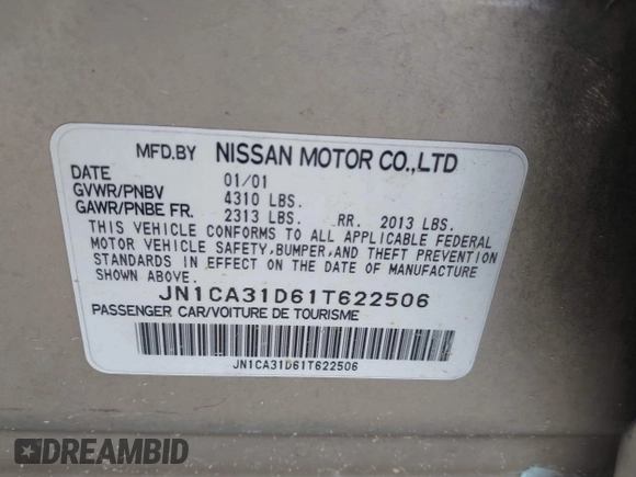 2001 Nissan Maxima GXE z VIN JN1CA31D61T622506, wystawiony jako IAAI lot #42344837 z przebiegiem 128 764 mil mil oraz . Historia ofert i sprzedaży dostępna na DreamBid. Obrazek 9.