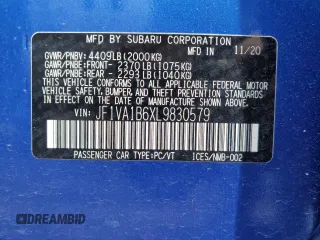 2020 Subaru WRX Premium with VIN JF1VA1B6XL9830579, listed as a Copart auction lot 58178925 with Not provided miles and Salvage title. Bid and sale history available at DreamBid. Image 12.