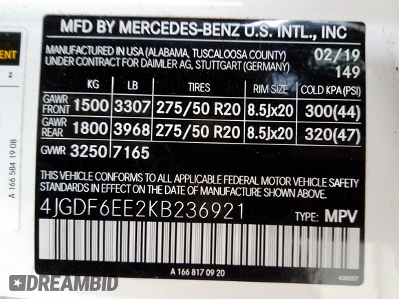 2019 Mercedes-Benz GLS with VIN 4JGDF6EE2KB236921, listed as a Copart auction lot 36902750 with 0 mi miles. Bid and sale history available at carsss.com. Image 10.