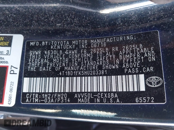 2017 Toyota Camry Hybrid LE with VIN 4T1BD1FK5HU203381, listed as a IAAI auction lot 41356346 with 158,843 mi miles. Bid and sale history available at carsss.com. Image 9.