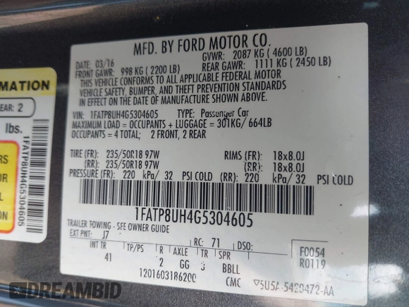 2016 Ford Mustang EcoBoost Premium with VIN 1FATP8UH4G5304605, listed as a IAAI auction lot 42393334 with 184,295 mi miles and . Bid and sale history available at DreamBid. Image 9.