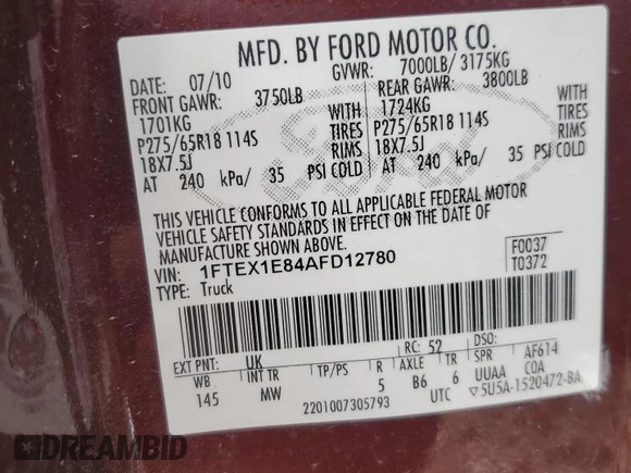 2010 Ford F-150 XL z VIN 1FTEX1E84AFD12780, wystawiony jako Copart lot #65169645 z przebiegiem 180 162 mil mil oraz Czysty tytuł • Clean title. Historia ofert i sprzedaży dostępna na DreamBid. Obrazek 13.