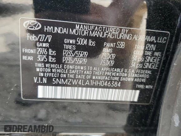2017 Hyundai Santa Fe Ultimate с VIN 5NMZW4LA1HH046384, выставлен на аукционе Copart как лот 54149965 с пробегом 124 093 миль миль и Списание • Salvage title. История ставок и продаж доступна на DreamBid. Изображение 13.