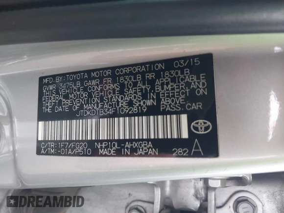 2015 Toyota Prius One with VIN JTDKDTB34F1092819, listed as a IAAI auction lot 42067212 with 126,394 mi miles and . Bid and sale history available at carsss.com. Image 9.