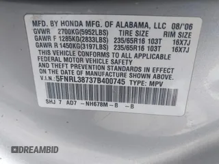 2007 Honda Odyssey EX-L with VIN 5FNRL38737B400745, listed as a IAAI auction lot 42211377 with 96,543 mi miles and . Bid and sale history available at DreamBid. Image 9.
