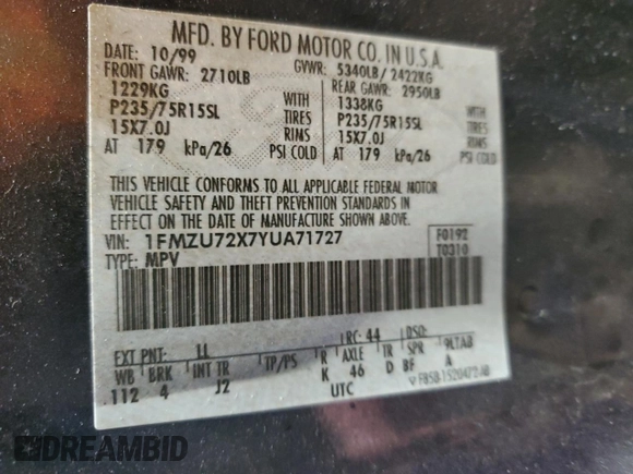 2000 Ford Explorer XLS z VIN 1FMZU72X7YUA71727, wystawiony jako Copart lot #51416935 z przebiegiem 163 005 mil mil oraz Szkoda całkowita • Salvage title. Historia ofert i sprzedaży dostępna na DreamBid. Obrazek 13.