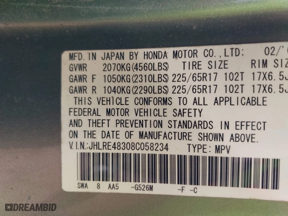 2008 Honda CR-V LX with VIN JHLRE48308C058234, listed as a IAAI auction lot 41876319 with 236,652 mi miles. Bid and sale history available at carsss.com. Image 9.