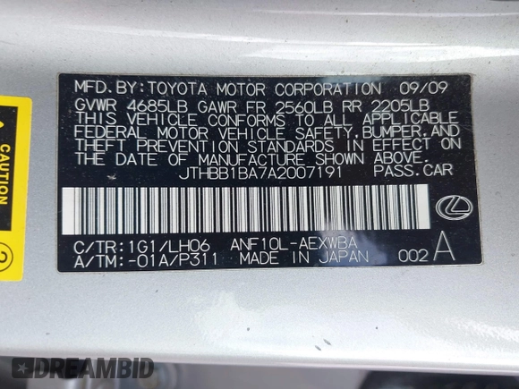 2010 Lexus HS 250h with VIN JTHBB1BA7A2007191, listed as a IAAI auction lot 42068847 with 213,323 mi miles. Bid and sale history available at carsss.com. Image 9.
