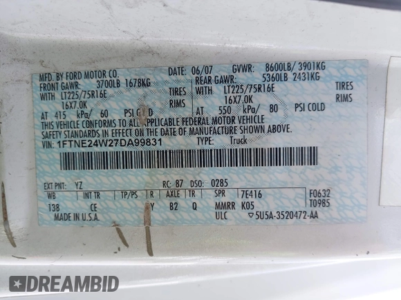 2007 Ford Econoline Cargo Commercial with VIN 1FTNE24W27DA99831, listed as a IAAI auction lot 42292439 with 280,756 mi miles and . Bid and sale history available at DreamBid. Image 9.