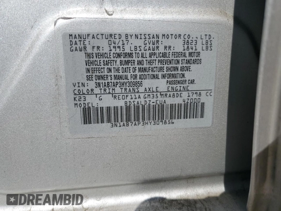 2017 Nissan Sentra S with VIN 3N1AB7AP3HY309856, listed as a Copart auction lot 55259225 with 149,459 mi miles and Salvage Title. Bid and sale history available at carsss.com. Image 12.