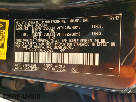 2017 Toyota Highlander XLE with VIN 5TDJZRFH0HS455595, listed as a Copart auction lot 61916645 with 196,009 mi miles and Non repairable. Bid and sale history available at DreamBid. Image 13.