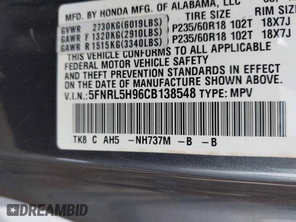 2012 Honda Odyssey Touring with VIN 5FNRL5H96CB138548, listed as a IAAI auction lot 41471856 with 186,284 mi miles and . Bid and sale history available at DreamBid. Image 9.