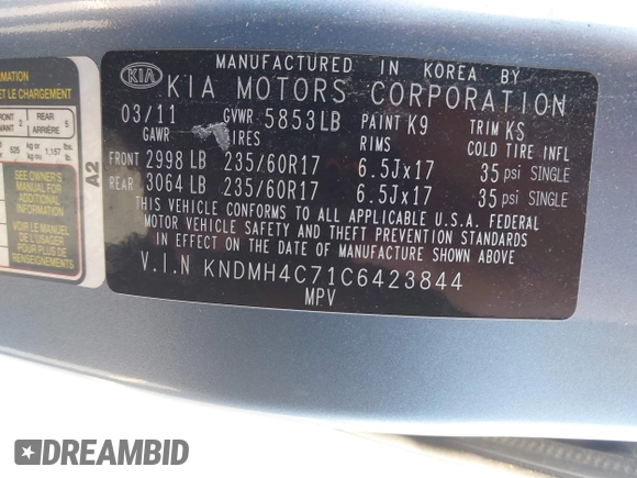 2012 Kia Sedona EX with VIN KNDMH4C71C6423844, listed as a IAAI auction lot 41967401 with 199,067 mi miles. Bid and sale history available at carsss.com. Image 9.