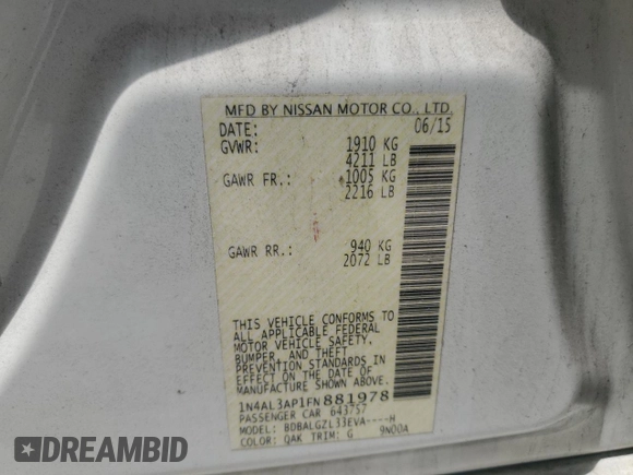 2015 Nissan Altima S with VIN 1N4AL3AP1FN881978, listed as a Copart auction lot 54933985 with 133,264 mi miles and Salvage Title. Bid and sale history available at carsss.com. Image 12.