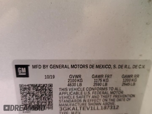 2020 GMC Terrain SLE with VIN 3GKALTEV1LL187312, listed as a Copart auction lot 59490985 with 40,359 mi miles and Salvage title. Bid and sale history available at DreamBid. Image 13.