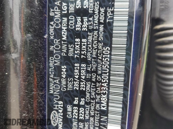 2020 Hyundai Kona Limited with VIN KM8K33A50LU505105, listed as a Copart auction lot 44710755 with 20,953 mi miles and Salvage Title. Bid and sale history available at carsss.com. Image 14.