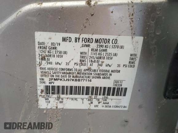2019 Ford Edge SEL with VIN 2FMPK3J97KBB77116, listed as a Copart auction lot 60069315 with 150,497 mi miles and Non repairable. Bid and sale history available at DreamBid. Image 13.