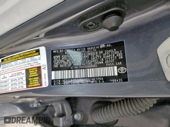 2012 Toyota Avalon with VIN 4T1BK3DB0CU466682, listed as a Copart auction lot 47593285 with Not Provided miles and Salvage Title. Bid and sale history available at DreamBid. Image 13.