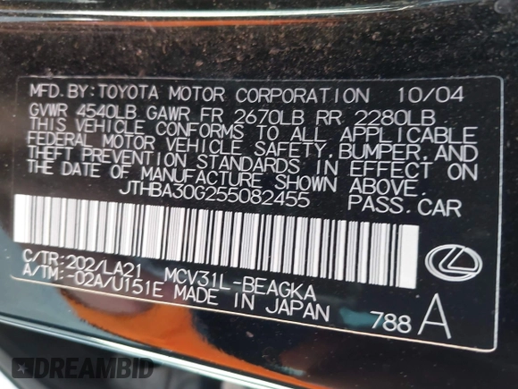 2005 Lexus ES 330 with VIN JTHBA30G255082455, listed as a IAAI auction lot 41796716 with 140,785 mi miles. Bid and sale history available at carsss.com. Image 9.