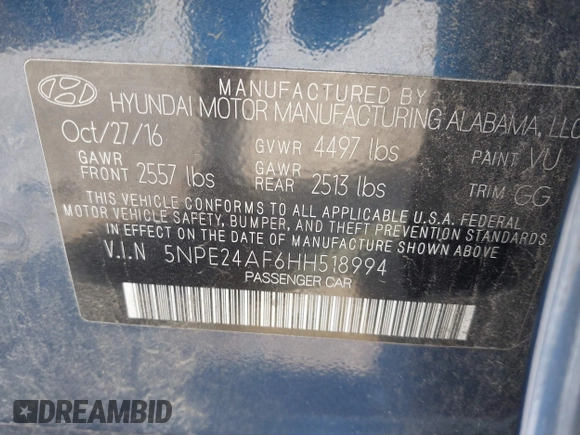 2017 Hyundai Sonata SE with VIN 5NPE24AF6HH518994, listed as a IAAI auction lot 41764608 with 74,761 mi miles. Bid and sale history available at carsss.com. Image 9.