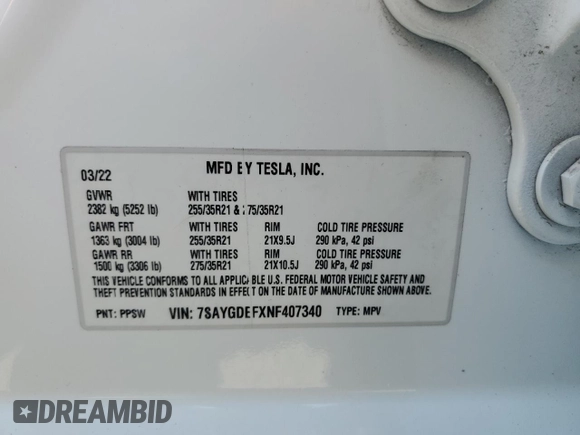 2022 Tesla Model Y Performance with VIN 7SAYGDEFXNF407340, listed as a Copart auction lot 54376895 with 56,709 mi miles and Salvage Title. Bid and sale history available at DreamBid. Image 12.