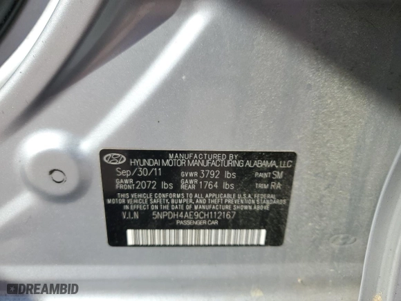2012 Hyundai Elantra GLS PZEV with VIN 5NPDH4AE9CH112167, listed as a Copart auction lot 49947465 with 83,933 mi miles and Non Repairable. Bid and sale history available at carsss.com. Image 12.
