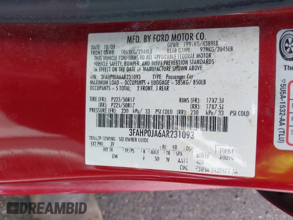 2010 Ford Fusion SEL with VIN 3FAHP0JA6AR231093, listed as a IAAI auction lot 42083182 with 280,939 mi miles. Bid and sale history available at carsss.com. Image 9.