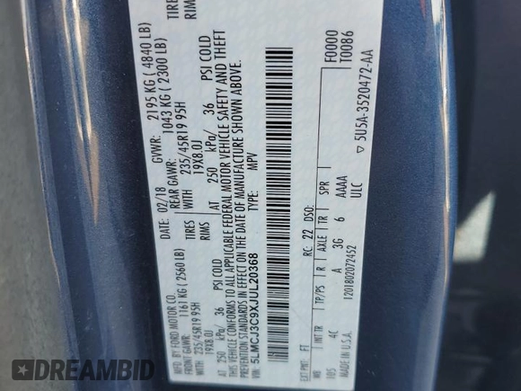 2018 Lincoln MKC Reserve with VIN 5LMCJ3C9XJUL20368, listed as a Copart auction lot 48628524 with 60,246 mi miles and Salvage title. Bid and sale history available at DreamBid. Image 12.