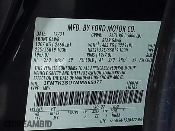2021 Ford Mustang Mach-E Premium with VIN 3FMTK3SU7MMA65077, listed as a IAAI auction lot 42434370 with 38,735 mi miles and . Bid and sale history available at DreamBid. Image 9.