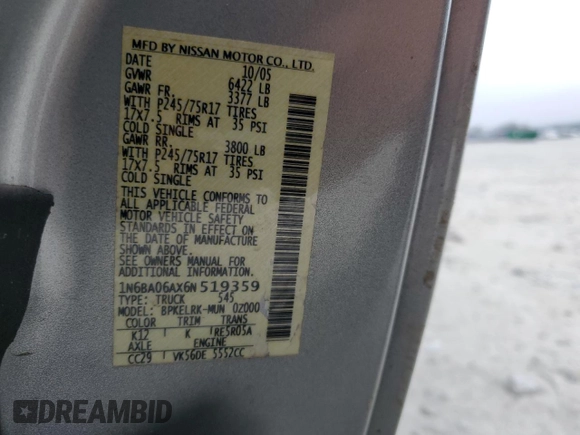 2006 Nissan Titan XE with VIN 1N6BA06AX6N519359, listed as a Copart auction lot 79096644 with 264,292 mi miles and Salvage title. Bid and sale history available at DreamBid. Image 12.