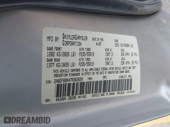 2007 Chrysler Pacifica Touring с VIN 2A8GF68X47R362620, выставлен на аукционе IAAI как лот 42135063 с пробегом 148 848 миль миль и . История ставок и продаж доступна на DreamBid. Изображение 9.