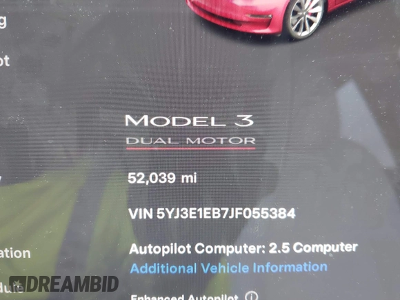 2018 Tesla Model 3 Long Range Battery with VIN 5YJ3E1EB7JF055384, listed as a IAAI auction lot 41924325 with 52,039 mi miles and . Bid and sale history available at DreamBid. Image 14.