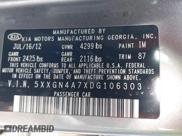 2013 Kia Optima EX with VIN 5XXGN4A7XDG106303, listed as a IAAI auction lot 42209976 with Not provided miles and . Bid and sale history available at DreamBid. Image 9.