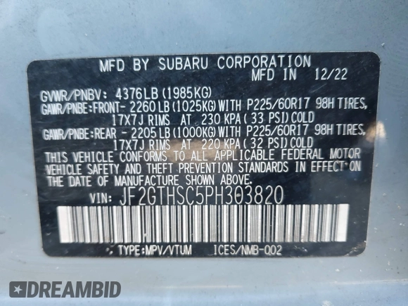 2023 Subaru Crosstrek Special Sports с VIN JF2GTHSC5PH303820, выставлен на аукционе IAAI как лот 42006458 с пробегом 32 899 миль миль и . История ставок и продаж доступна на DreamBid. Изображение 9.