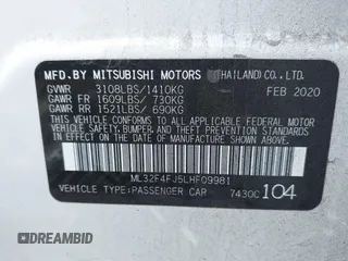 2020 Mitsubishi Mirage G4 SE with VIN ML32F4FJ5LHF09981, listed as a IAAI auction lot 40690403 with Not Provided miles. Bid and sale history available at carsss.com. Image 9.