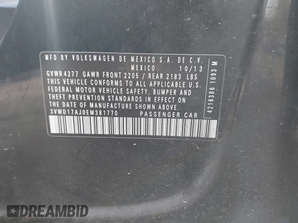 2014 Volkswagen Jetta SE with VIN 3VWD17AJ0EM381770, listed as a IAAI auction lot 42487960 with 135,747 mi miles and . Bid and sale history available at DreamBid. Image 9.