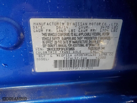 2015 Nissan Versa Note SV with VIN 3N1CE2CP3FL373955, listed as a Copart auction lot 43918435 with 96,464 mi miles and Non Repairable. Bid and sale history available at carsss.com. Image 12.