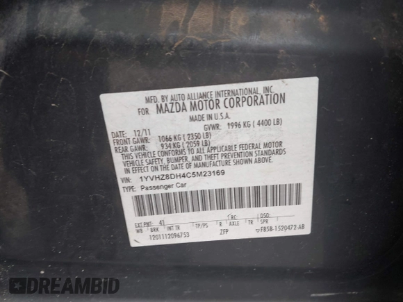 2012 Mazda 6 i Touring with VIN 1YVHZ8DH4C5M23169, listed as a IAAI auction lot 42467120 with 202,560 mi miles and . Bid and sale history available at DreamBid. Image 9.
