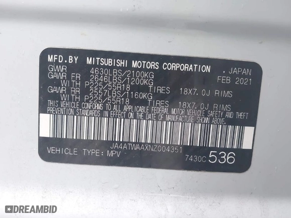 2022 Mitsubishi Eclipse Cross SE with VIN JA4ATWAAXNZ004351, listed as a IAAI auction lot 40899223 with 66,389 mi miles. Bid and sale history available at carsss.com. Image 9.
