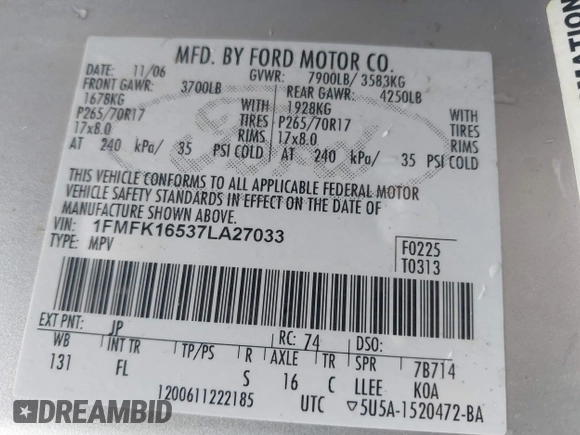 2007 Ford Expedition Max XLT z VIN 1FMFK16537LA27033, wystawiony jako IAAI lot #41695330 z przebiegiem 247 210 mil mil oraz . Historia ofert i sprzedaży dostępna na DreamBid. Obrazek 9.