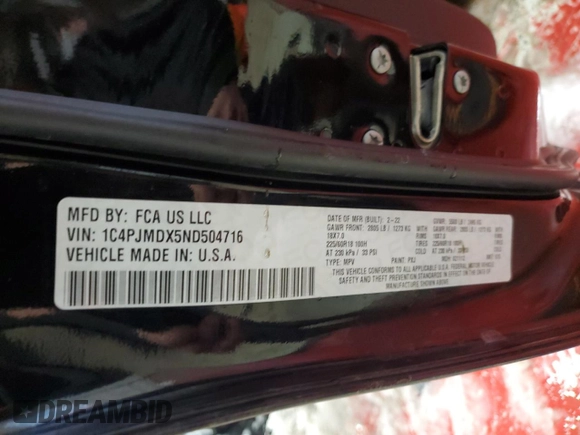 2022 Jeep Cherokee Limited with VIN 1C4PJMDX5ND504716, listed as a Copart auction lot 42121525 with 29,349 mi miles and Salvage Title. Bid and sale history available at DreamBid. Image 13.