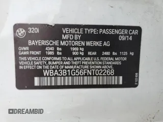 2015 BMW 3 Series 320i с VIN WBA3B1G56FNT02268, выставлен на аукционе Copart как лот 58822465 с пробегом 107 944 миль миль и Чистый • Clean title. История ставок и продаж доступна на DreamBid. Изображение 12.