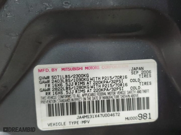 2007 Mitsubishi Outlander ES with VIN JA4MS31X47U004672, listed as a Copart auction lot 89326285 with 212,107 mi miles and Salvage Title. Bid and sale history available at carsss.com. Image 13.