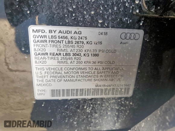 2018 Audi Q5 Premium Plus with VIN WA1BNAFY2J2167442, listed as a Copart auction lot 52931425 with 73,544 mi miles and Salvage Title. Bid and sale history available at DreamBid. Image 13.